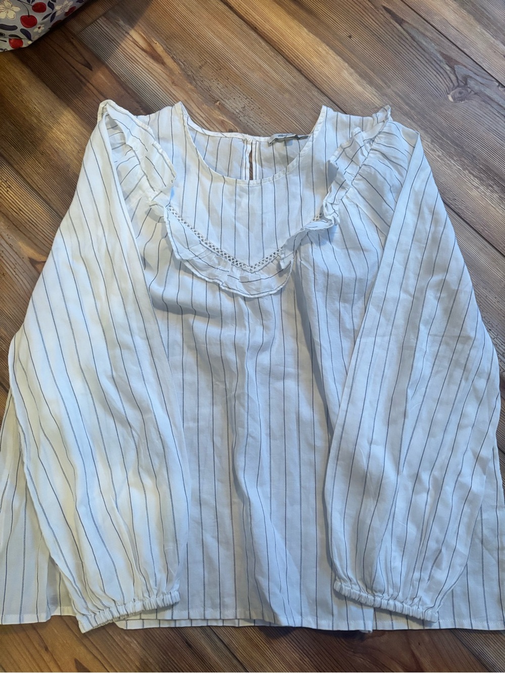 Madewell White Blouse with Light Blue Pinstripes and Ruffle Yoke